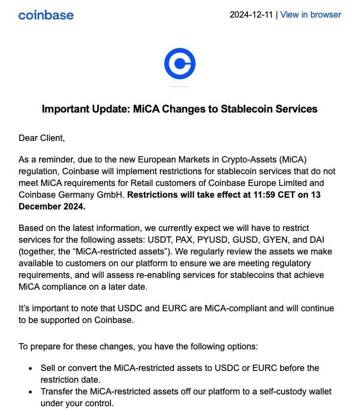 Coinbase делистит в ЕС стейблкоины из-за несоответствия правилам MiCA, среди них: USDT, DAI, PAX, PYUSD, GUSD и GYEN.    YouTube   Чат  Торговый клуб   Канал о трейдинге   Invcoin support