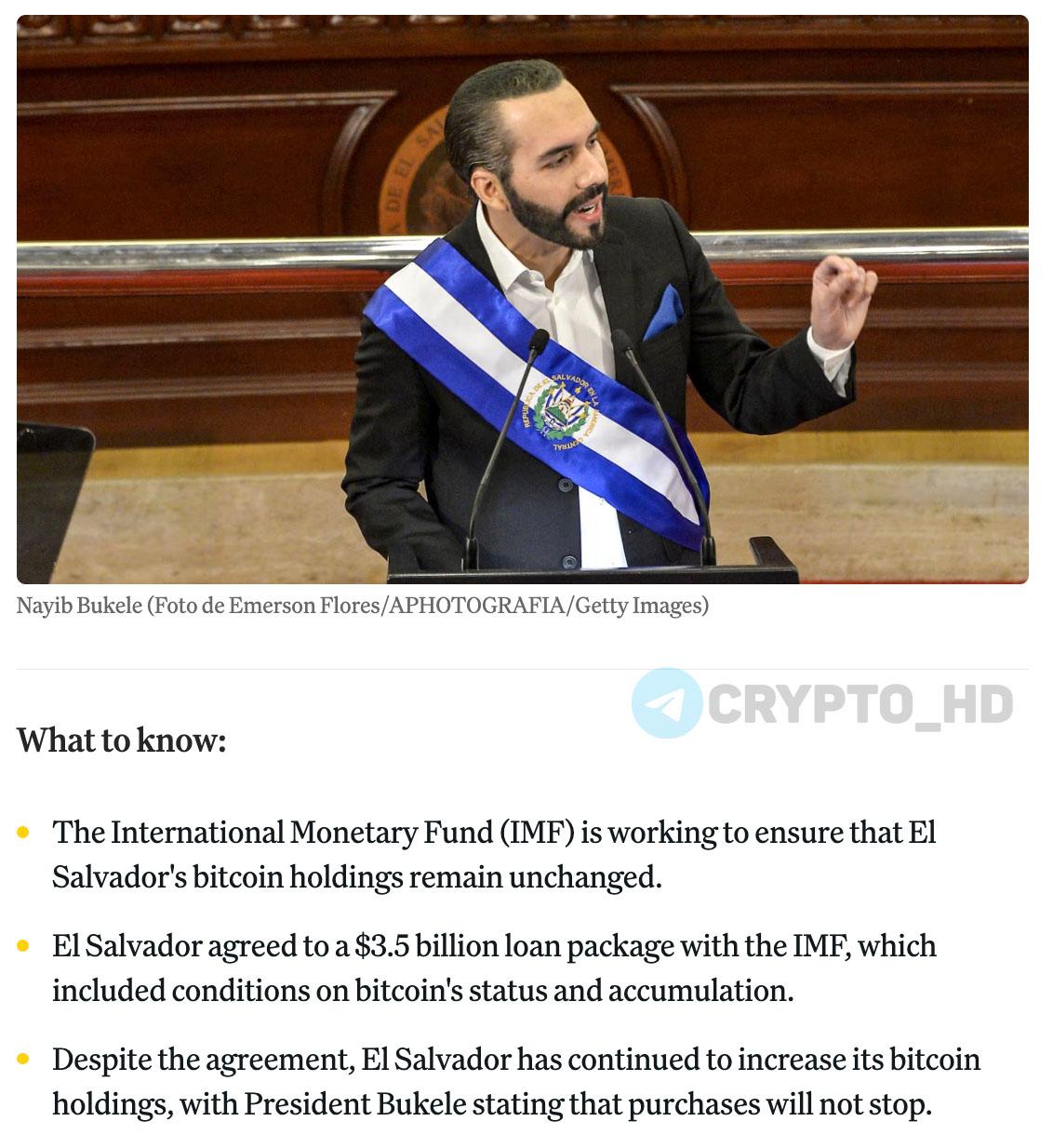 МВФ намерен предотвратить увеличение BTC-резерва Сальвадора original В марте Сальвадор подписал кредитное соглашение на $3,5b с Международным валютным фондом. В рамках сделки криптовалюта утратила статус обязательного платежного средства в стране. Наиб Букеле продолжает скупать BTC, несмотря на формальные ограничения. МВФ намерен «продолжать свои усилия», чтобы BTC-баланс Сальвадор оставался неизменным. Crypto Headlines