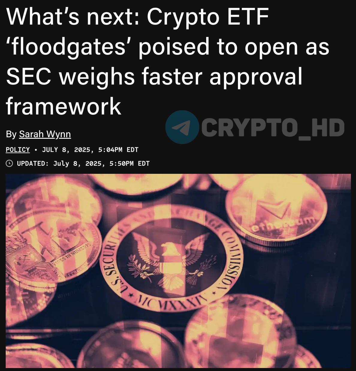В SEC намерены ускорить листинг криптовалютных ETF.  Регулятор работает над новой процедурой, которая позволит биржам запускать ETF без длительного согласования по форме 19b-4.  Предлагается утвердить унифицированный стандарт, аналогичный правилам для традиционных ETF.  Это может открыть путь десяткам новых криптофондов.  Проект новых правил может быть опубликован уже в июле, а их вступление в силу ожидается осенью.  Ранее:  - двойная игра  - вероятность 95%  Crypto Headlines