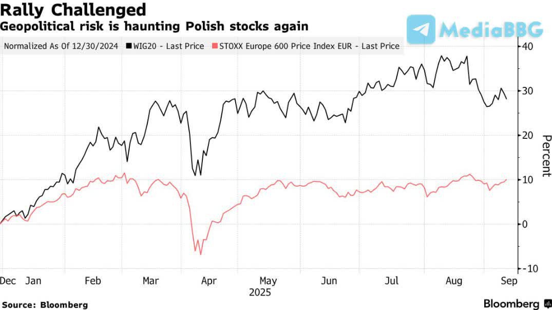 ПОЛЬСКИЕ АКЦИИ И ВАЛЮТА УПАЛИ ПОСЛЕ ВТОРЖЕНИЯ РОССИЙСКОГО БЕСПИЛОТНИКА Bloomberg Польские акции и местная валюта злотый снизились после того как страна сбила российские беспилотники пересекшие её территорию Индекс WIG20 упал на 2 6 злотый ослаб на 0 4 к евро Варшава назвала инцидент актом агрессии и обратилась к НАТО по статье 4  Наибольшие потери понесли Alior Bank SA и Pepco Group NV минус 3 Несмотря на падение польский рынок с начала года остаётся в плюсе более чем на 20 BBG Market Crypto