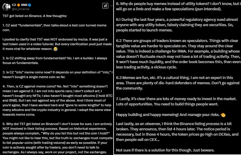 Суть сообщения CZ о листинге токена TST   и не только :  1. TST - это тестовый токен, который стал мемкоином. CZ подчеркивает, что он/Binance не поддерживали его официально.  2. Основные моменты:  - CZ по-прежнему фокусируется на фундаментальных проектах. - Лично он не покупает мемкоины, но и не против них. - В процесс листинга TST он не вовлечен. - Биржи вынуждены листить популярные монеты для сохранения конкурентоспособности.  3. Почему люди покупают мемкоины:  - Регуляторное давление на utility токены. - Проще спекулировать из-за отсутствия четкой стоимости. - Культурный феномен и развлечение.  4. Проблема: 4-часовой промежуток между анонсом и листингом создает возможности для спекуляций на DEX перед листингом на CEX.    YouTube   Чат  Торговый клуб   Канал о трейдинге   invcoin_support