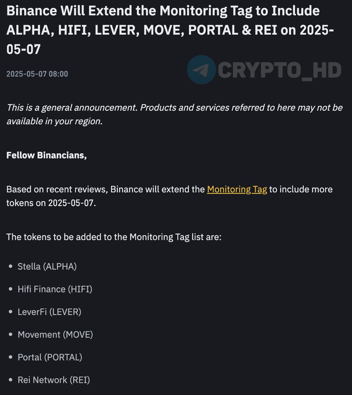 На Binance добавили в «тег мониторинга» токены #MOVE, #ALPHA, #HIFI, #LEVER, #PORTAL и #REI Токены с «тегом мониторинга» проверяют на соответствие критериям листинга вероятен делистинг . оф. объявление Ранее: - ребрендинг Movement Labs - отстранение сооснователя Crypto Headlines