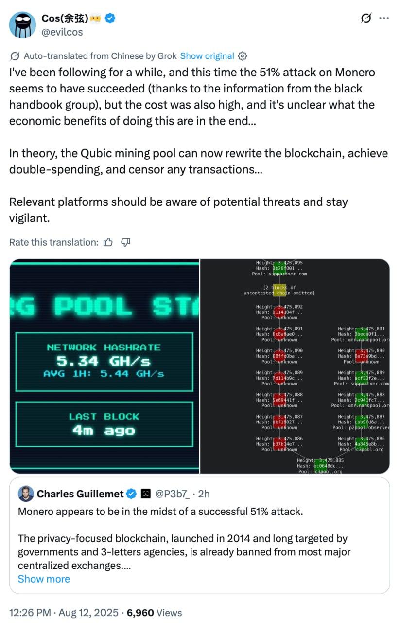 Атака 51% на Monero: Qubic захватил контроль над сетью  Майнинговый пул Qubic, по данным основателя SlowMist, получил контроль над большей частью хешрейта Monero, что позволяет провести масштабную реорганизацию блокчейна. Это дает возможность переписывать историю сети, запускать атаки двойной траты и цензурировать транзакции.  Технический директор Ledger оценил стоимость поддержания атаки в $75 млн в день. Эксперты предупреждают, что при таком доминировании безопасность сети находится под серьезной угрозой.  Tokensales   News   WaitingRoom