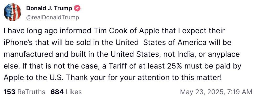 Трамп угрожает Apple — акции падают Дональд Трамп заявил, что введёт 25% пошлины для Apple, если компания не перенесёт производство в США. Акции Apple на премаркете просели на 3,13%. ——————————————————— Наш чат COIN DIGGERS