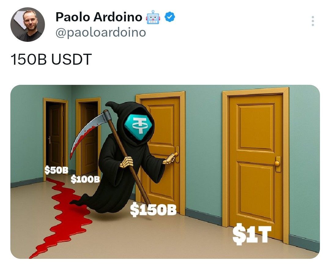 Паоло Ардоино показал, что на $150 мдрд для USDT они останавливаться не собираются Цель Tether – дойти до триллионной капитализации 100+ нейросетей в одном боте