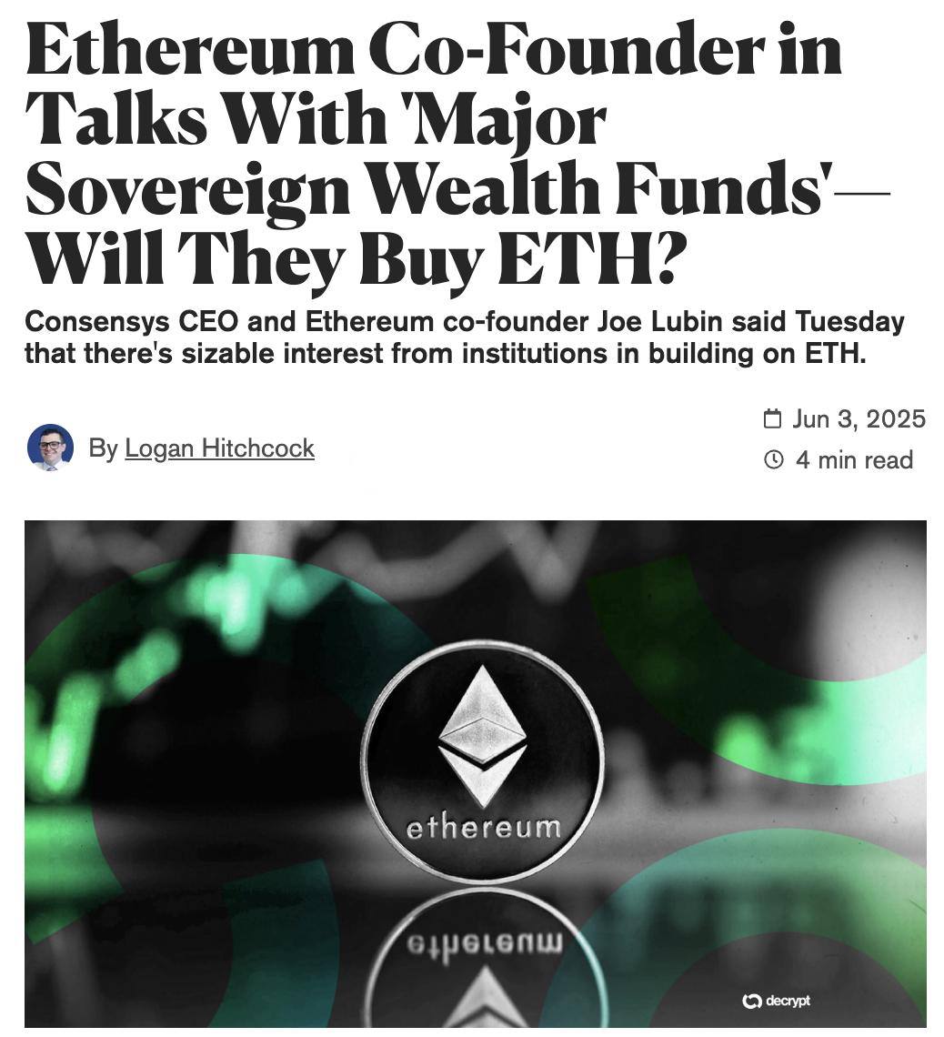 Джо Любин, сооснователь Ethereum и CEO Consensys, сообщил о переговорах с крупными суверенными фондами и банками одной значительной страны. Планируется создание инфраструктуры на базе Ethereum: — Обсуждается запуск решений на Ethereum Layer 1 и кастомных Layer 2. — Впервые рассматривается возможность формирования стратегического резерва ETH. «Ethereum — это мировой компьютер, энергия, нефть… и эталон доверия. ETH может стать более ценным, чем BTC», — отметил Джо Любин.
