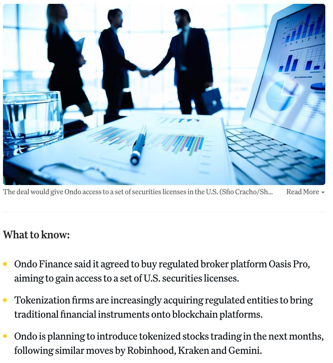 #ONDO Ondo Finance приобретает регулируемого брокера Oasis Pro coindesk Сделка откроет Ondo Finance полный пакет лицензий SEC для работы с токенизированными акциями в США – торговлю планируют запустить уже в ближайшие месяцы. Ранее: - $250m в RWA - Chainlink, JPMorgan и Ondo Finance Crypto Headlines