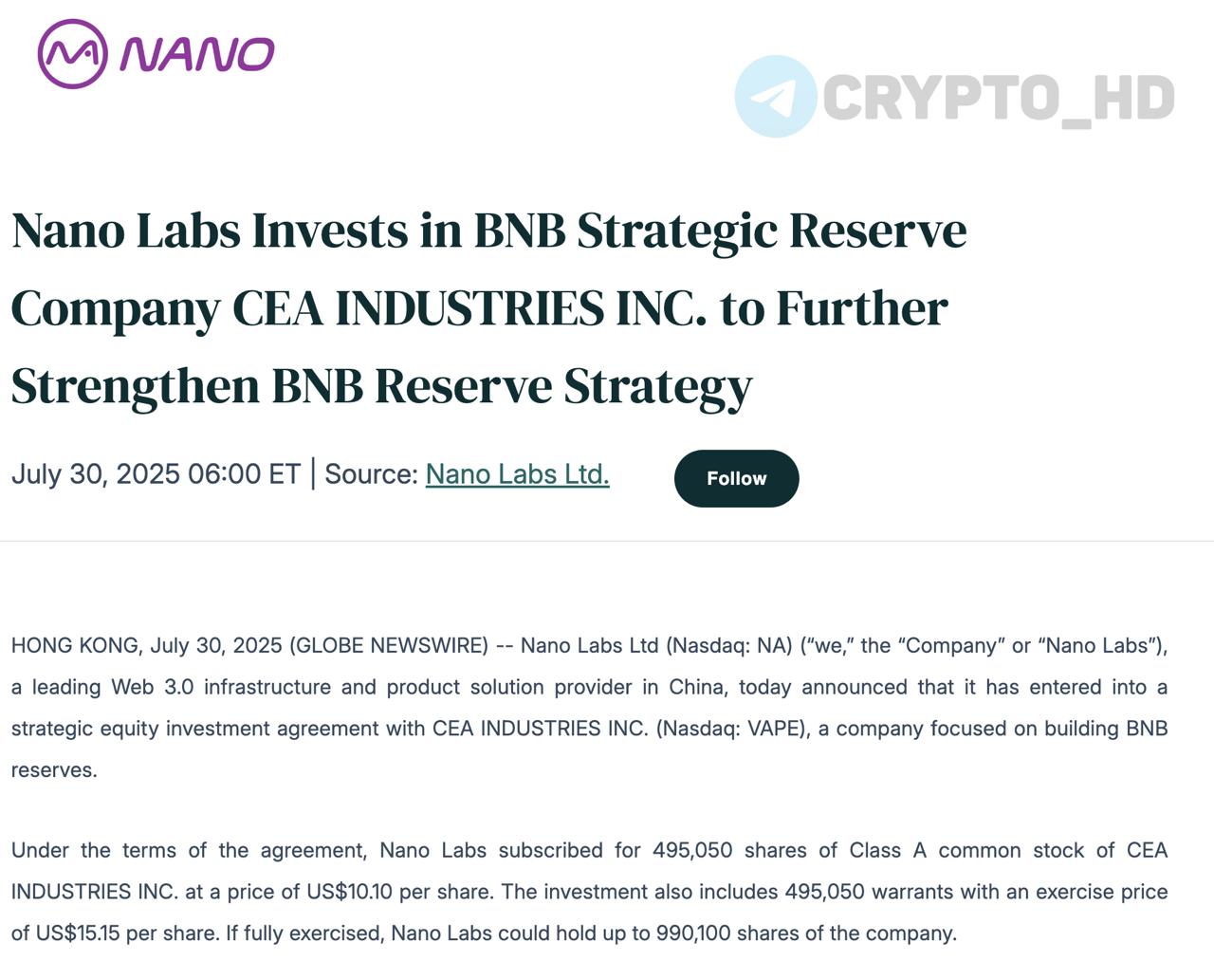 #BNB Nano Labs инвестирует $500,000,000 в BNB-резерв CEA Industries - релиз Компания CEA Industries Nasdaq: VAPE намерена стать аналогом Strategy, но для BNB. Условия сделки: - Куплено 495,050 акций по $10,10. - Получено право на покупку 495,050 акций по цене $15,15. - Потенциальная доля – до $1,250,000,000 990,100 акций . Инвестиция NanoLabs – часть PIPE-раунда на $500,000,000, почти все средства которого пойдут на покупку BNB в резерв CEA Industries. При этом у Nano Labs уже есть ~128,000 BNB $101m , а теперь они получают и долю в компании, чья капитализация напрямую зависит от роста токена. P.S. акции CEA Industries уже выросли на 833%. Ранее: - Windtree Therapeutics - 30 компаний - Nano Labs Сryptо Headlines