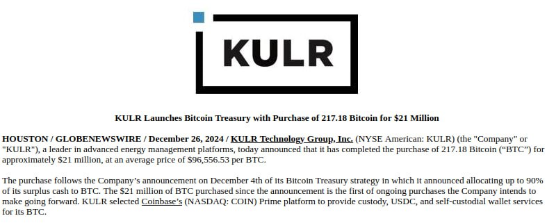 Компания KULR Technology Group  NYSE: KULR  начала стратегию накопления биткойнов, купив биткойны на $21 миллион  217,18 биткойнов  по цене $96,556.  Акции KULR выросли на 1500% с 1 ноября и на 60% с 23 декабря.    Уже появляются курсы, где обучают ставить AI-алерты на компании, которые "могут" рассмотреть биткойн как стратегический резерв, и настраивать алгоритмичную торговлю через API, чтобы успеть купить акции до того, как новость попадет в заголовки.    YouTube   Чат  Торговый клуб   Канал о трейдинге   Invcoin support