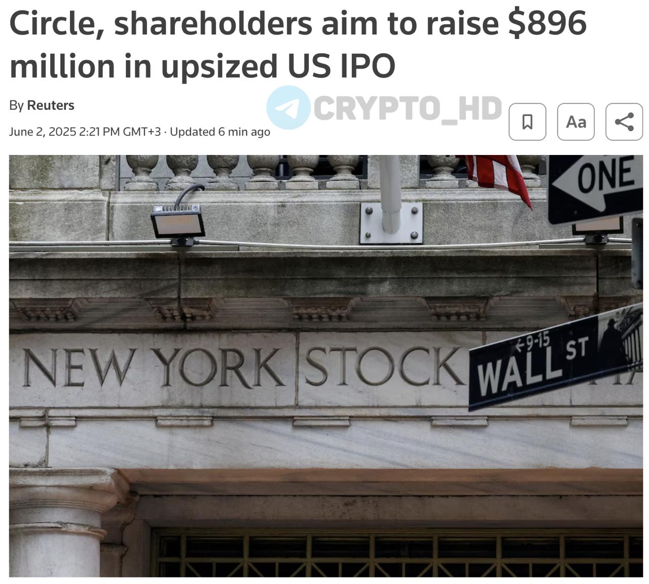 Circle выходит на IPO: цель — 896,000,000$ Reuters Эмитент стейблкойна #USDC увеличил масштаб своего IPO в США. Вместо ранее заявленных 24m акций по 24$–26$, теперь компания и ее акционеры предлагают 32m акций по цене 27$–28$. Потенциальный объем привлеченных средств вырос с $624m до $896m. Ранее: BlackRock купит 10% акций Crypto Headlines