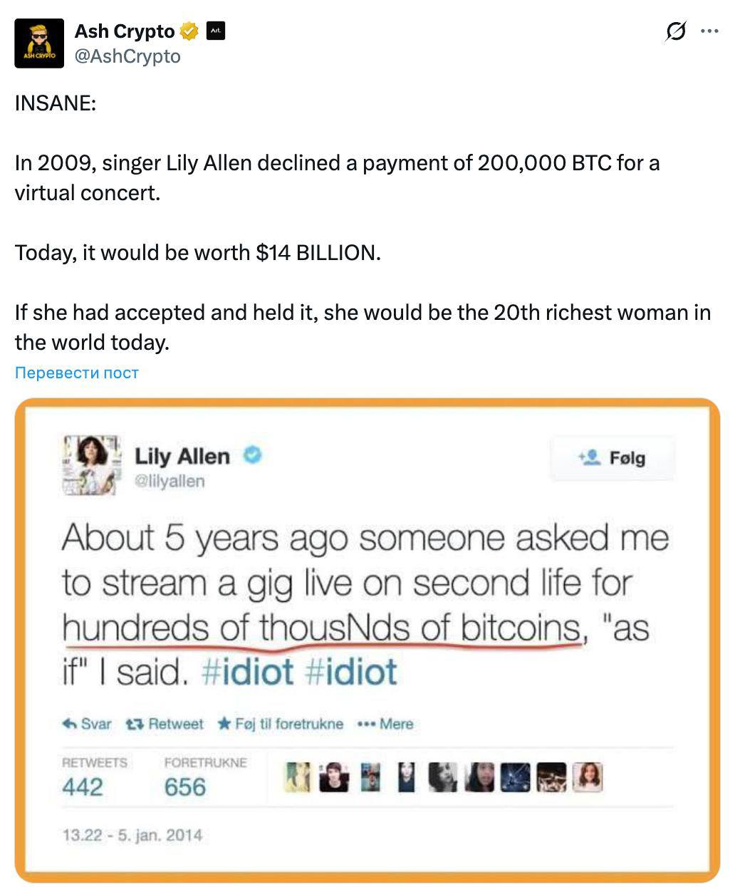 В 2009 году певица Лили Аллен отказалась от выплаты в 200 тысяч Bitcoin за виртуальный концерт Сегодня это 14 миллиардов Лили вошла бы в топ20 самых богатых женщин планеты