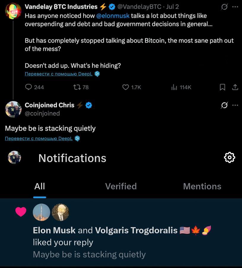 Маск намекает, что копит биткоин  BTC   В Twitter написали, что, возможно, Илон Маск тихо скупает BTC. — Маск не ответил, а просто поставил лайк — намёк понятен.    Эфир  ETH  набирает силу — альты готовятся к росту В июне крупные игроки начали активно скупать эфир.  Более 6 млн ETH купили долгосрочные инвесторы. Ещё 1 млн ETH отправили в стейкинг  заморозку , всего залочено 35,5 млн монет. Это говорит о том, что рынок готов к сильному росту альтов в ближайшие недели.