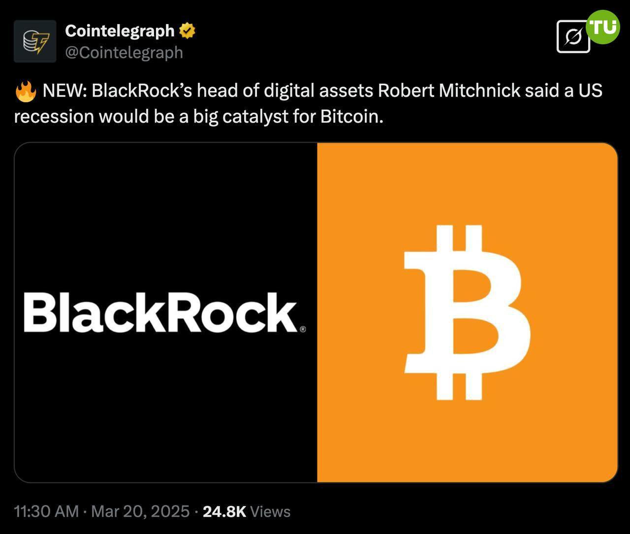 Новое предсказание по биткоину от BlackRock  Глава отдела цифровых активов BlackRock Роберт Митчнэк заявил, что рецессия в США станет большим катализатором для биткоина.