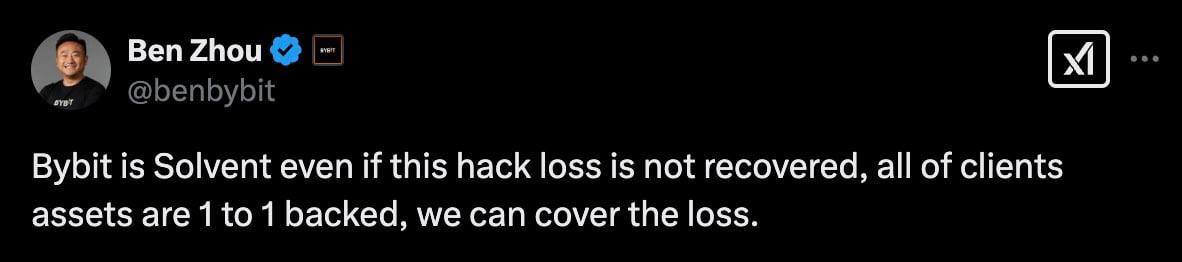 На всякий случай СЕО Bybit успокаивает, что потери компенсируют. Ничего страшного не произошло.   Там есть вопросы, как можно было подписать транзакцию на $1,5 млрд не туда. Но это бессмысленные разговоры.