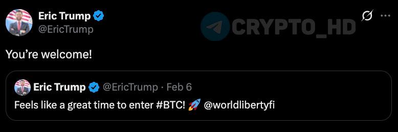 «Отработка сигнала» от Эрика Трампа – twitter В феврале сын президента советовал покупать BTC, сегодня же напомнил всем, что оказался прав. Crypto Headlines