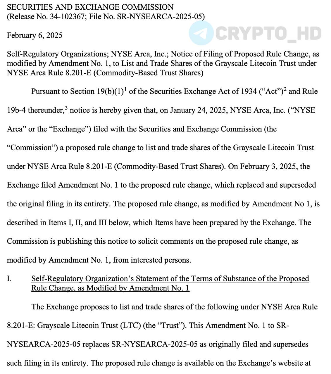 #LTC SEC приняла на рассмотрение заявку на преобразование траста Grayscale в спотовый Litecoin ETF – документ Ранее: - заявка NYSE - LTC ближе всех - до 240 дней Crypto Headlines