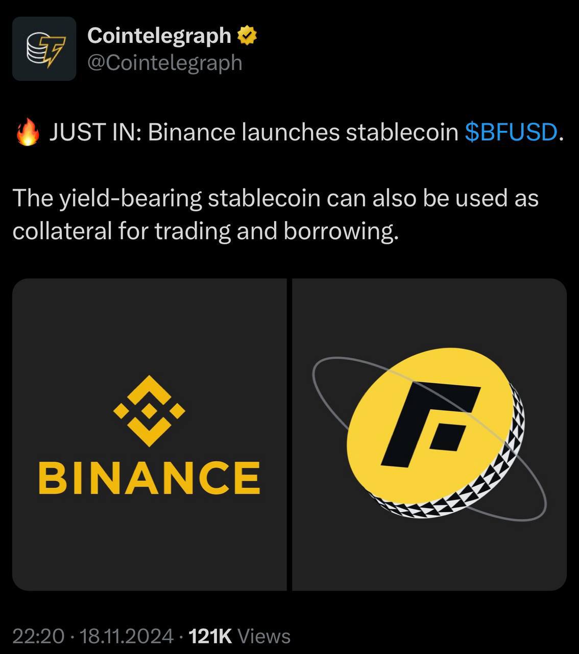 Binance нашли замену BUSD Биржа Binance запускает стейблкоин $BFUSD Стейблкоин с доходностью 19.55% APY также может использоваться в качестве залога для торговли и займов Будет ли пользоваться таким же спросом, как USDT и USDC? UPD: Оказывается, это не стейблкоин, а «актив с маржинальной доходностью для торговли фьючерсами