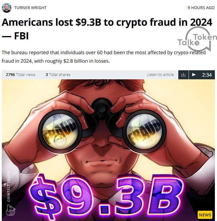 ФБР: Американцы потеряли $9.3 млрд из-за криптомошенничества Это рекордный уровень, продемонстрировавший рост на 66% по сравнению с прошлым годом ФБР отмечает, что мошенники всё чаще используют схемы с фейковыми инвестициями, фишингом и поддельными платформами для обмана пользователей. Источник
