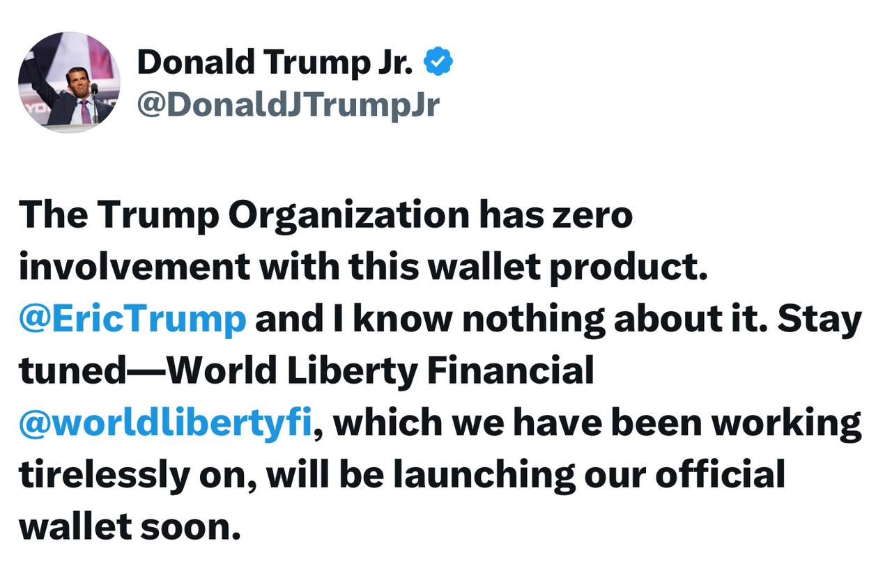 Дональд Трамп-младший пояснил, что Trump Organization не имеет никакого отношения к новому кошельку Trump Wallet, и объявил о скором официальном запуске кошелька через World Liberty Financial.