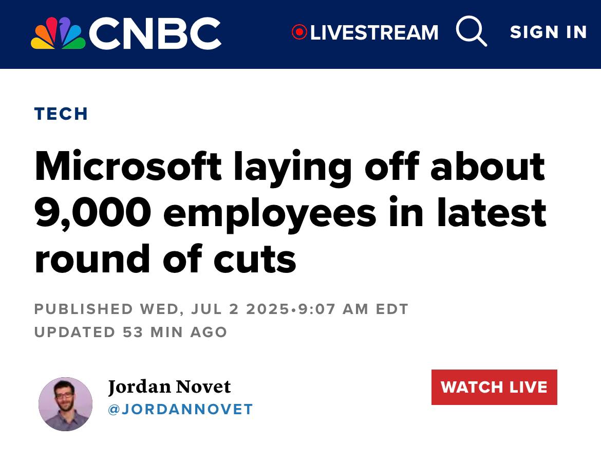 Microsoft уволила 9 000 сотрудников — это 4% всего персонала компании!    Наибольшие потери пришлись на Xbox и игровое подразделение. По сообщениям журналистов, из-за увольнений отменили три игры: Everwild, Perfect Dark и Blackbird  В компании объяснили сокращения устранением лишних управленческих уровней и дублирующих функций. Месяц назад Microsoft уже сократила 6 тысяч человек     ‍  подписаться!