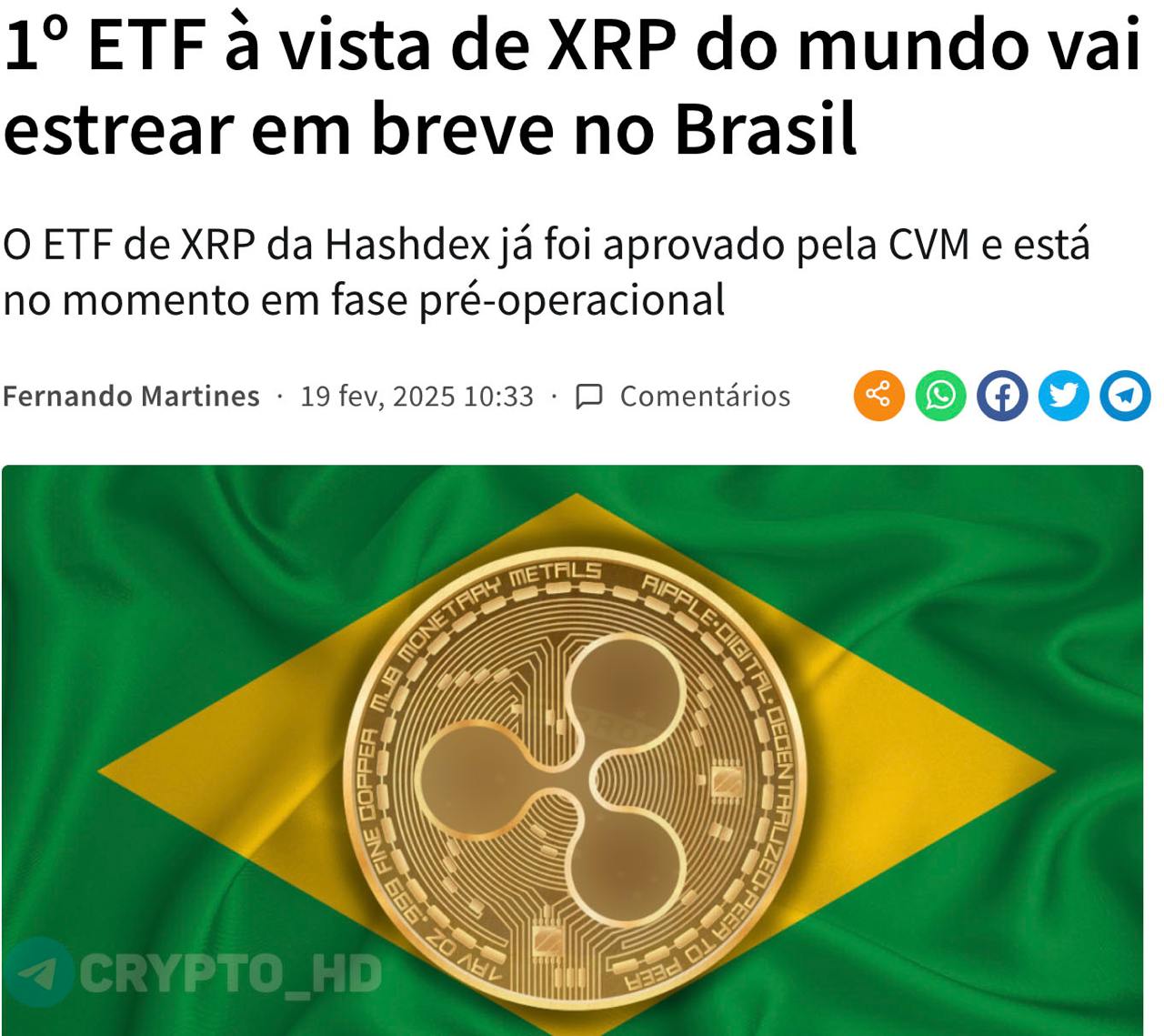 #XRP Компания Hashdex получила разрешение на запуск первого в мире спотового Ripple ETF от бразильского регулятора – original  Ранее: заявки в США  Crypto Headlines