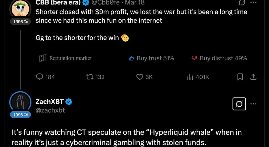 Кит с шортом BTC на $500 млн оказался хакером История с позициями почти на $500 млн завершилась. Кит закрыл шорт $BTC и лонг $MELANIA с профитом более $9 млн. Но самое интересное другое. ZachXBT, самый известный ончейн аналитик и детектив утверждает, что то самый кит скамер и торгует на украденные средства. Он обещает предоставить доказательства. Он просто лудоман, поэтому спокоен на просадках, и не боится потерять «чужие» деньги.