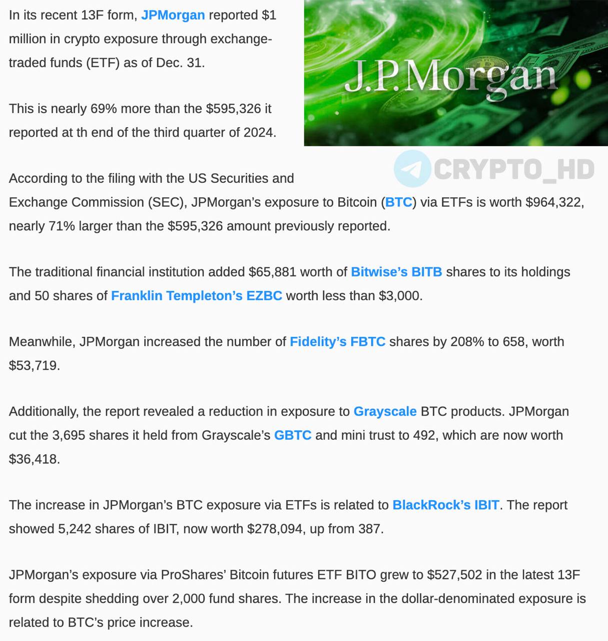 #13f   Инвестиции JPMorgan в Bitcoin ETF увеличились до 1,000,000$+  форма 13F   JPMorgan – ТОП-2 банк США. Активы под управлением  AUM  = 3,300,000,000,000$+.  Ранее:  - совсем немного - Goldman Sachs - PNC  Crypto Headlines