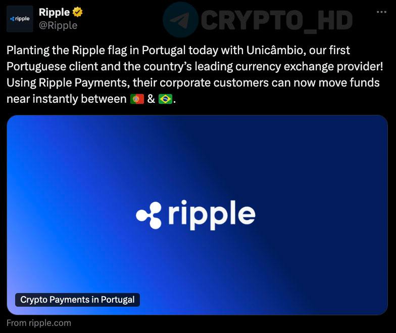 #XRP Ripple врывается на рынок криптоплатежей Португалии!  blog   Местная компания Unicâmbio запускает мгновенные трансграничные платежи между Португалией и Бразилией с использованием Ripple Payments.  Crypto Headlines