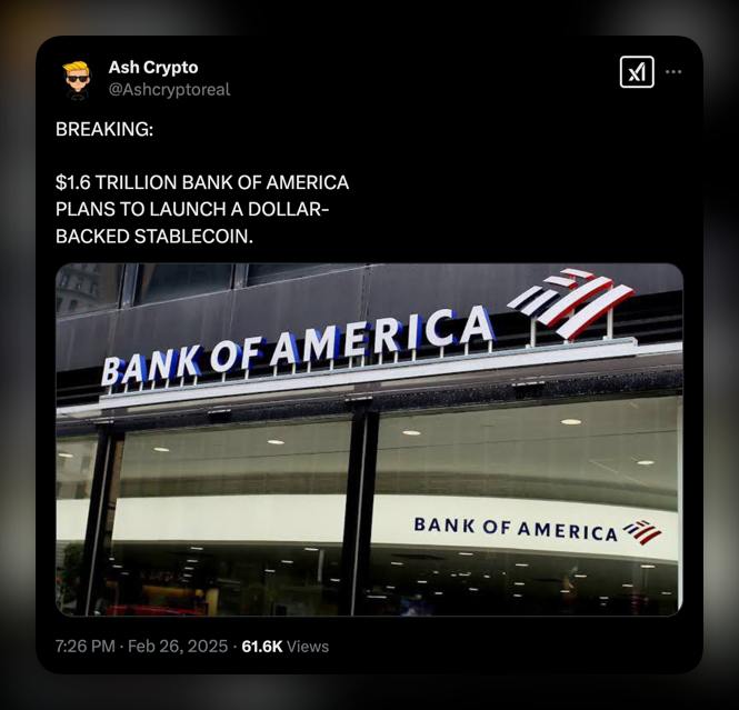 Bank of America запускает стейблкоин    Один из крупнейших банков США Bank of America  $1,6 трлн  готовится к выпуску собственного долларового стейблкоина.    Крупные банки всё активнее входят в криптофинансы – недавно свои токенизированные активы представили JPMorgan, Citi и HSBC.  Новый стейблкоин от Bank of America может стать конкурентом USDT и USDC, а также укрепить позиции традиционных банков в цифровой экономике.