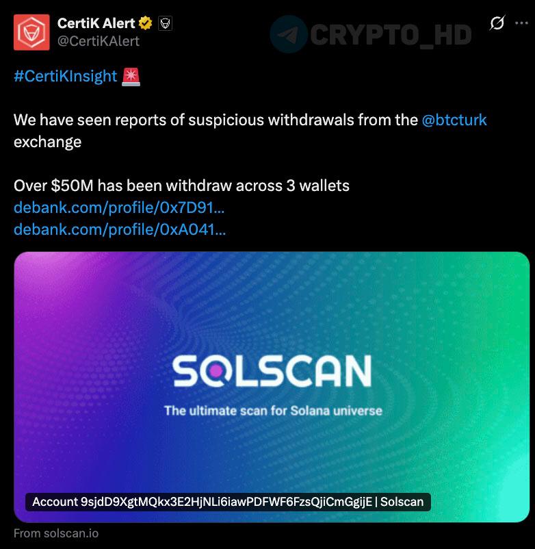 #взлом   Турецкую криптобиржу BtcTurk взломали на $50,000,000 – CertiK  Crypto Headlines
