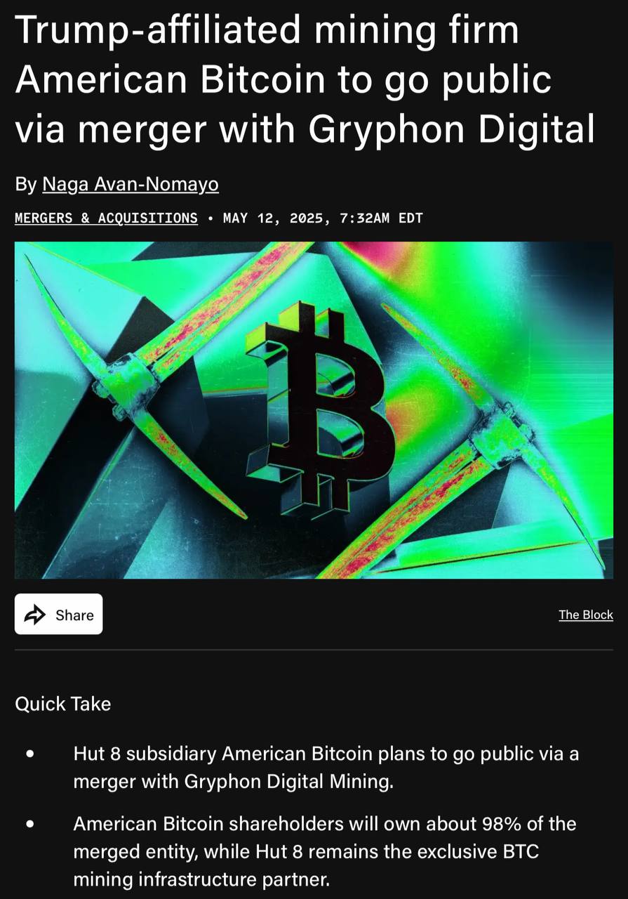 Компания American Bitcoin, которая является дочерним предприятием Hut 8 и поддерживается Эриком и Дональдом Трампом-младшим, собирается стать публичной через слияние с Gryphon Digital Mining. Hut 8 продолжит оставаться эксклюзивным партнером в области майнинга. Основная цель данного шага — расширить возможности недорогого майнинга и получить доступ к капиталу вне баланса Hut 8, при этом сохранив участие в росте биткойна. Новый тикер компании будет ABTC. Оставайтесь в курсе последних новостей вместе с