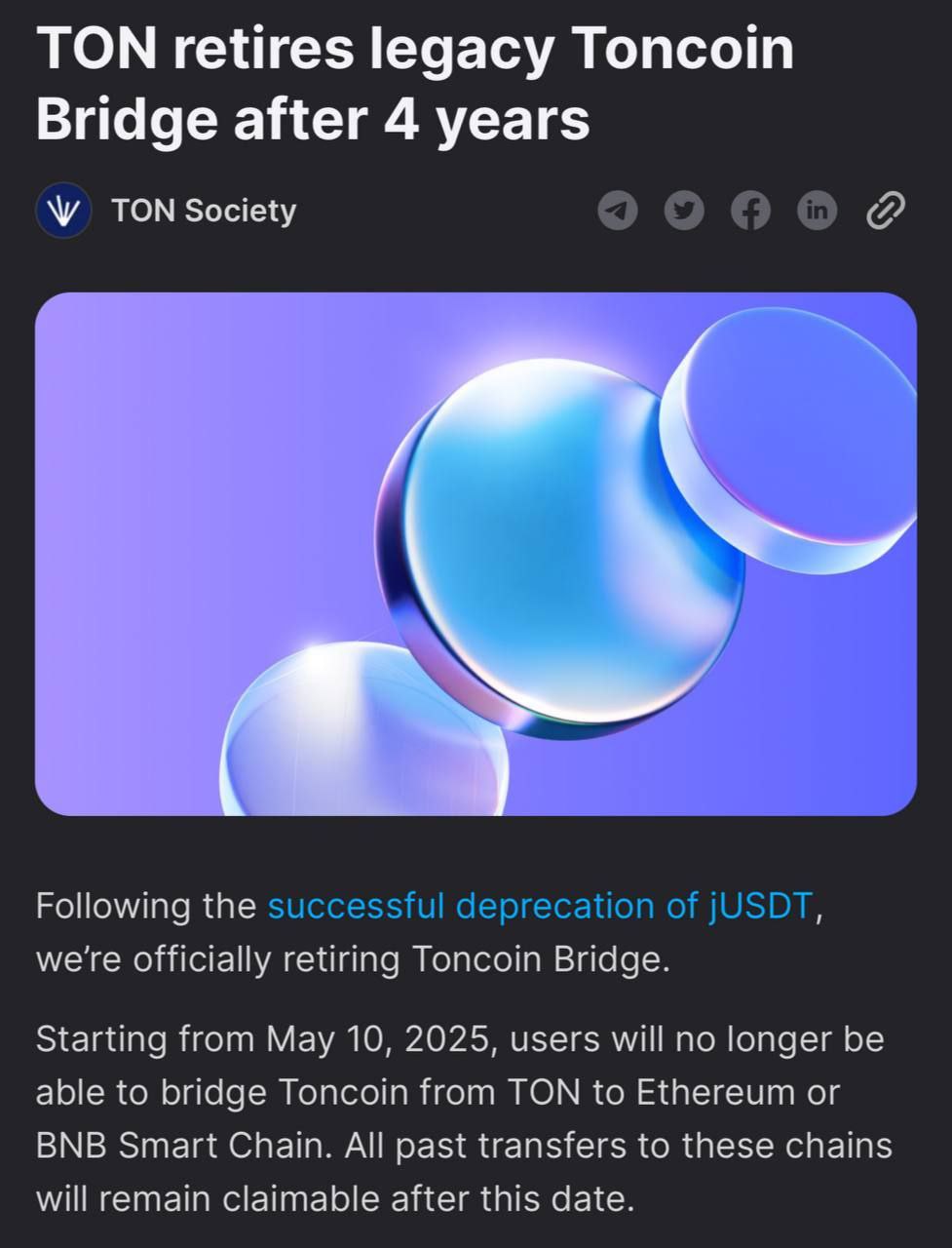 В TON завершают работу старого моста Toncoin Bridge — С 10 мая 2025 года будет прекращена возможность перевода Toncoin из сети TON в сети Ethereum и BNB Smart Chain через старый мост. — Переводы в сеть TON через этот мост пока останутся доступными — дату полного отключения объявят позже. — Закрытие устаревшего моста направлено на повышение безопасности пользователей за счет отказа от старой инфраструктуры.