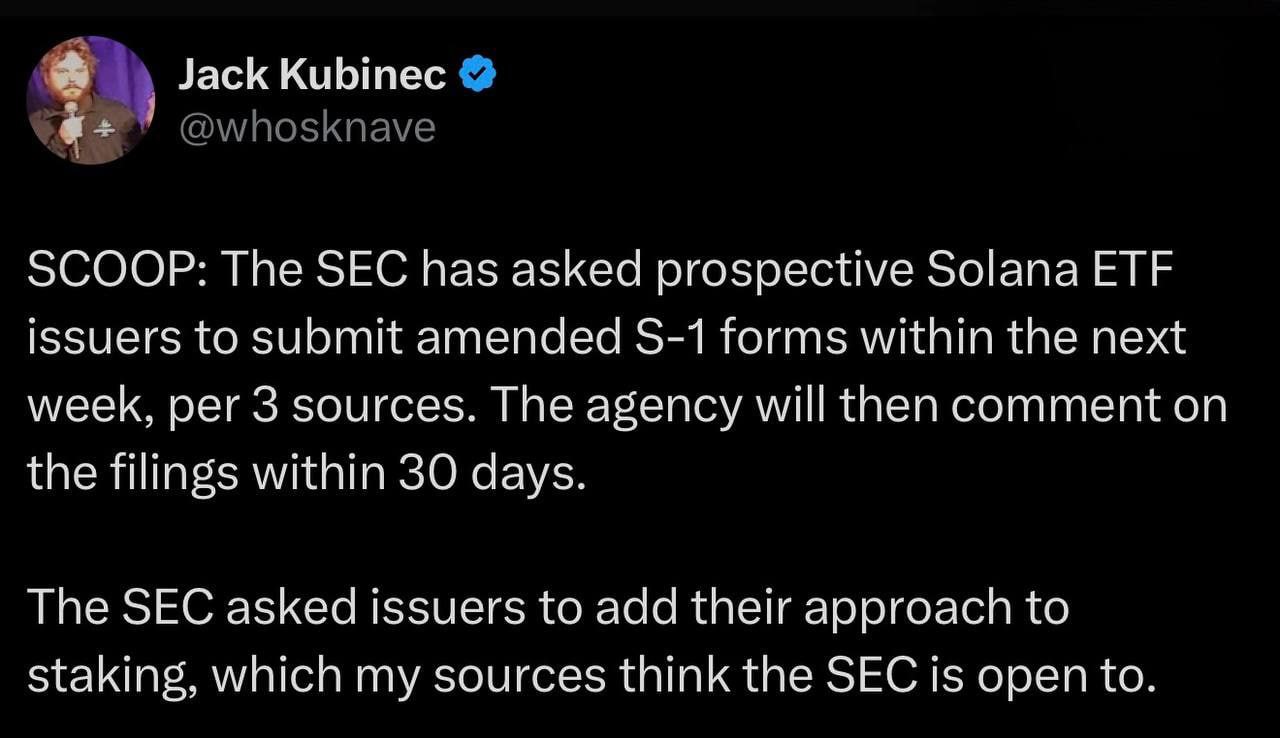 SEC ускоряет подачу заявок на $SOL ETF SEC попросила потенциальных эмитентов Solana ETF подать обновленные формы S-1 в течение недели. Затем агентство предоставит комментарии в течение 30 дней, что означает более быстрый процесс рассмотрения, чем обычно. Возможно, зеленый свет будет дан быстрее, чем ожидалось.