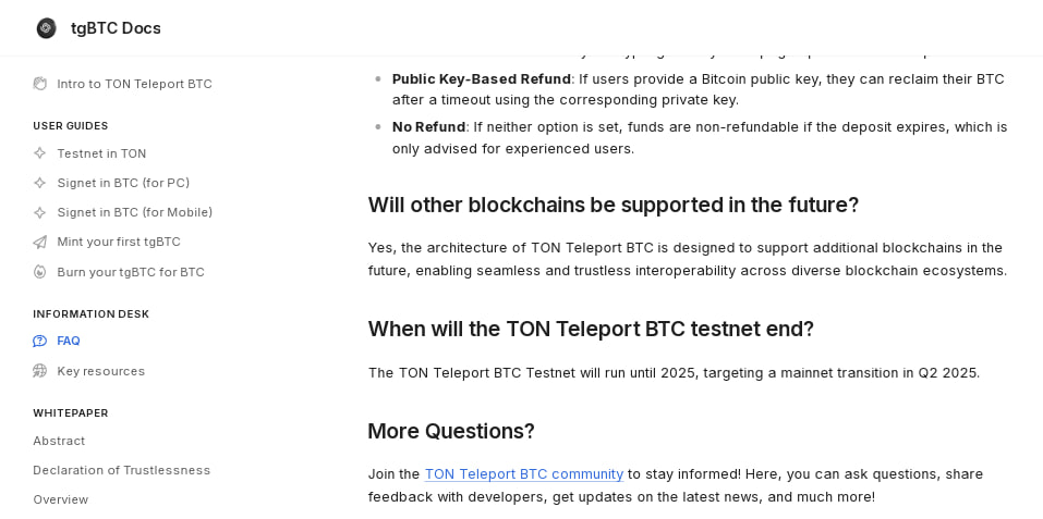 Опубликовали  white paper TON Teleport BTC.   ℹ  В документе изложены основные принципы, технические механизмы и будущее видение tgBTC. В настоящее время TON Teleport BTC работает только на стадии тестовой сети, а цель состоит в том, чтобы достичь преобразования в мэйннет во втором квартале 2025 года.    YouTube   Чат  Торговый клуб   Канал о трейдинге   Invcoin support