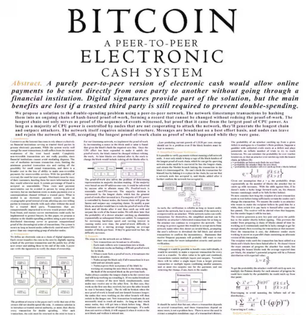 White Paper Биткоина сегодня исполнилось 16 лет.   31 октября 2008 года, через месяц после начала мирового финансового кризиса, человек  или группа лиц  под псевдонимом Сатоши Накамото опубликовал технический документ  white paper  под названием «Биткоин: система цифровой пиринговой наличности»  Bitcoin: A Peer-to-Peer Electronic Cash System .  В документе на девяти страницах описан принцип работы одноранговой платежной системы. Сама криптовалюта фактически была запущена только спустя три месяца, когда Сатоши добыл первый блок транзакций в блокчейне биткоина.   #BTC #История