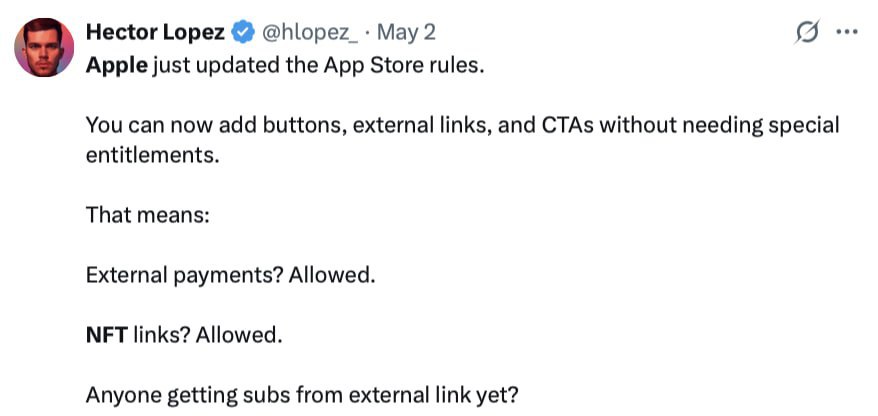 ⏺ Apple подрезали крылья Теперь разработчики могут продавать NFT и принимать крипту в обход App Store. Суд решил: 30% откус за транзакции — это нарушение антимонопольного постановления. Крипта вошла в iOS через парадную дверь. Начни торговать криптовалютой на Bybit Крипто Вестник Подписаться
