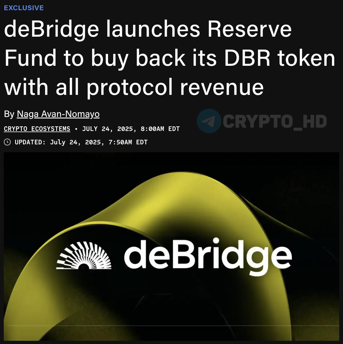 В deBridge запустят программу выкупа токенов #DBR Для этого создан Reserve Fund, который направит 100% дохода протокола на выкуп DBR с открытого рынка. Сryptо Headlines