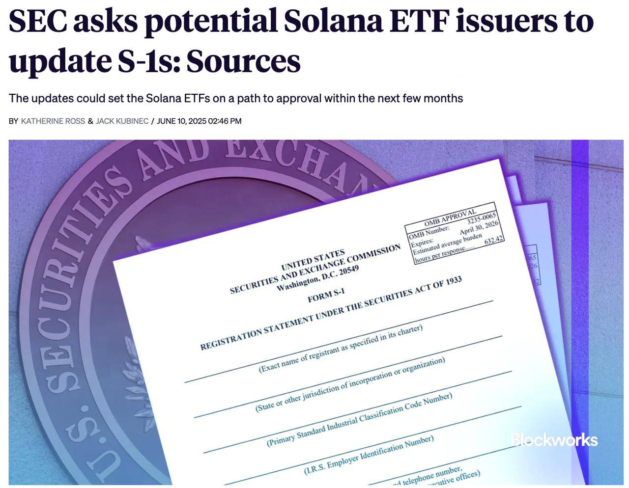 SEC может одобрить листинг Solana ETF в ближайшие 3-5 недель. Регулятор запросил у потенциальных эмитентов Solana ETF предоставить обновленные формы S-1 на следующей неделе. Учитывая темпы рассмотрения заявок, решение может быть принято в указанные сроки. Оставайтесь в курсе последних новостей вместе с