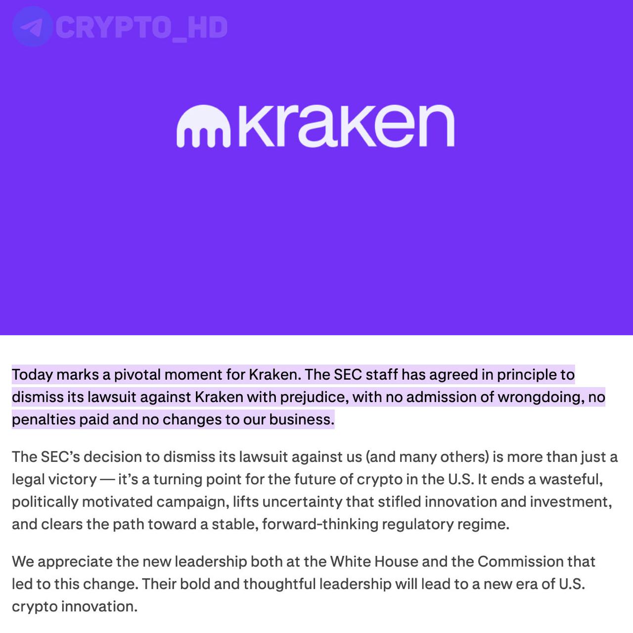 SEC согласились отозвать судебный иск против Kraken  blog   SEC подала в суд на биржу в ноябре 2023 года, утверждая, что токены #ADA, #AXS, #ALGO, #ATOM, #CHZ, #COTI, #DASH, #FIL, #FLOW, #ICP, #MANA, #MATIC, #NEAR, #OMG, #SAND и #SOL – ценные бумаги.  Ранее:  - Coinbase - ConsenSys - Tron и Джастин Сан - Uniswap - Robinhood  - OpenSea  Crypto Headlines