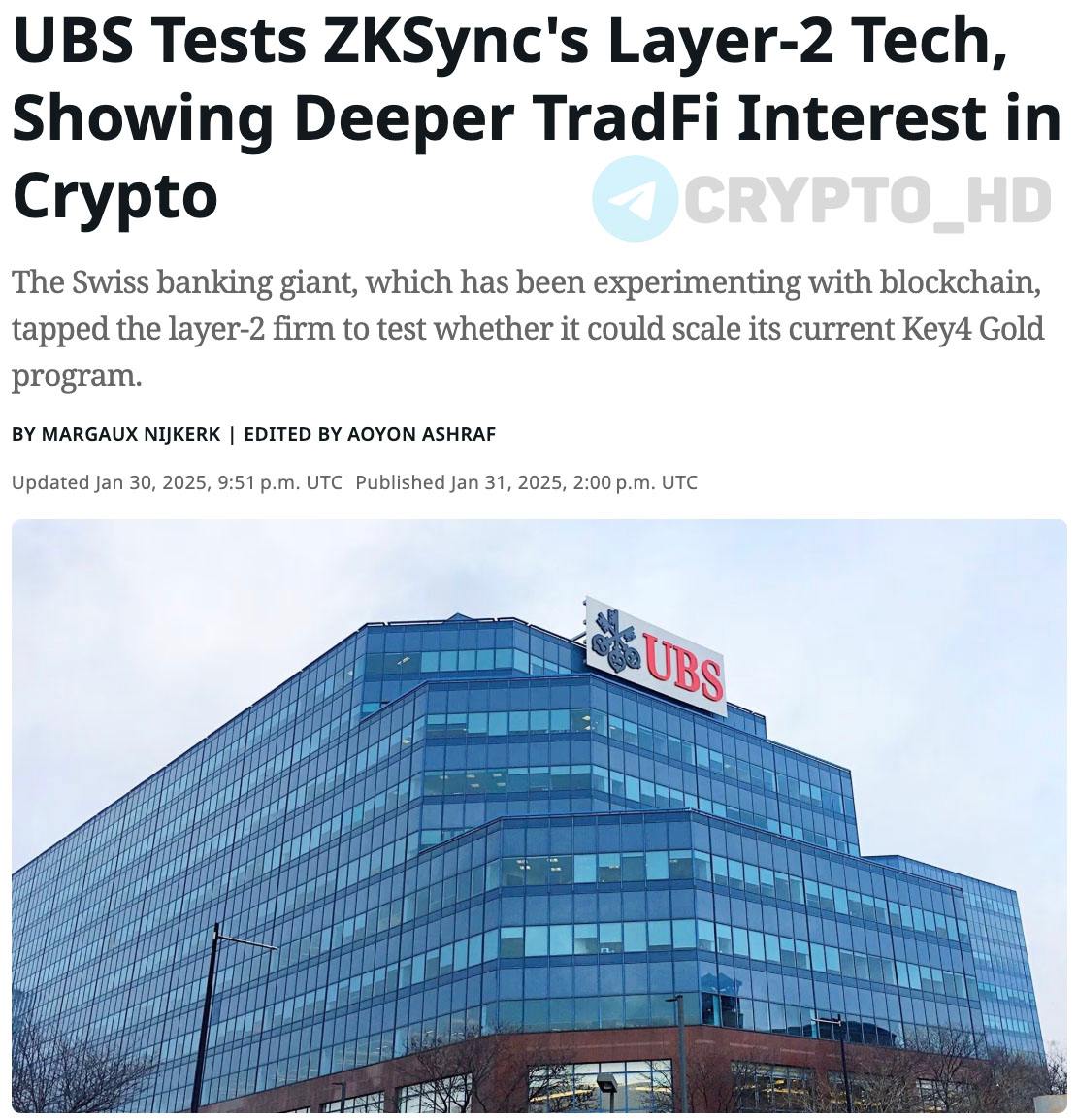 #ZK Банк UBS тестирует блокчейн-технологии ZKSync с целью интеграции в «UBS Key4 Gold» – coindesk   UBS управляет активами на сумму 6,000,000,000,000$+. UBS Key4 Gold – цифровая услуга банка, позволяющая клиентам покупать физическое золото.  Crypto Headlines