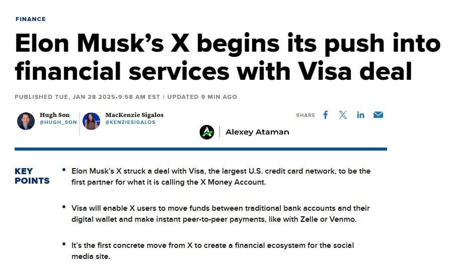 Компания Илона Маска X заключила сделку с Visa, чтобы стать первым партнером проекта, который компания называет X Money Account  Visa позволит пользователям X перемещать средства между традиционными банковскими счетами и цифровым кошельком, а также совершать мгновенные одноранговые платежи, как в Zelle или Venmo.  Это первый конкретный шаг X по созданию финансовой экосистемы для сайта социальных сетей.    Ataman     Чат   Circle 1%   Bybit     BingX     OKX