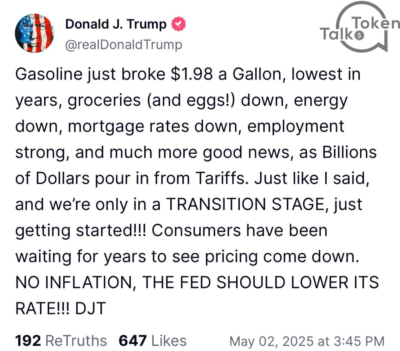 Трамп снова призывает снизить ставки «Инфляции нет — ФРС пора снижать ставки! Мы только начинаем», — заявил президент США. Это заявление усилило ожидания участников рынка относительно смягчения денежно-кредитной политики, что может привести к снижению процентных ставок уже в ближайшие месяцы. Потенциальное ослабление политики ФРС часто сопровождается ростом интереса к рисковым активам, включая биткоин и криптовалюты в целом.