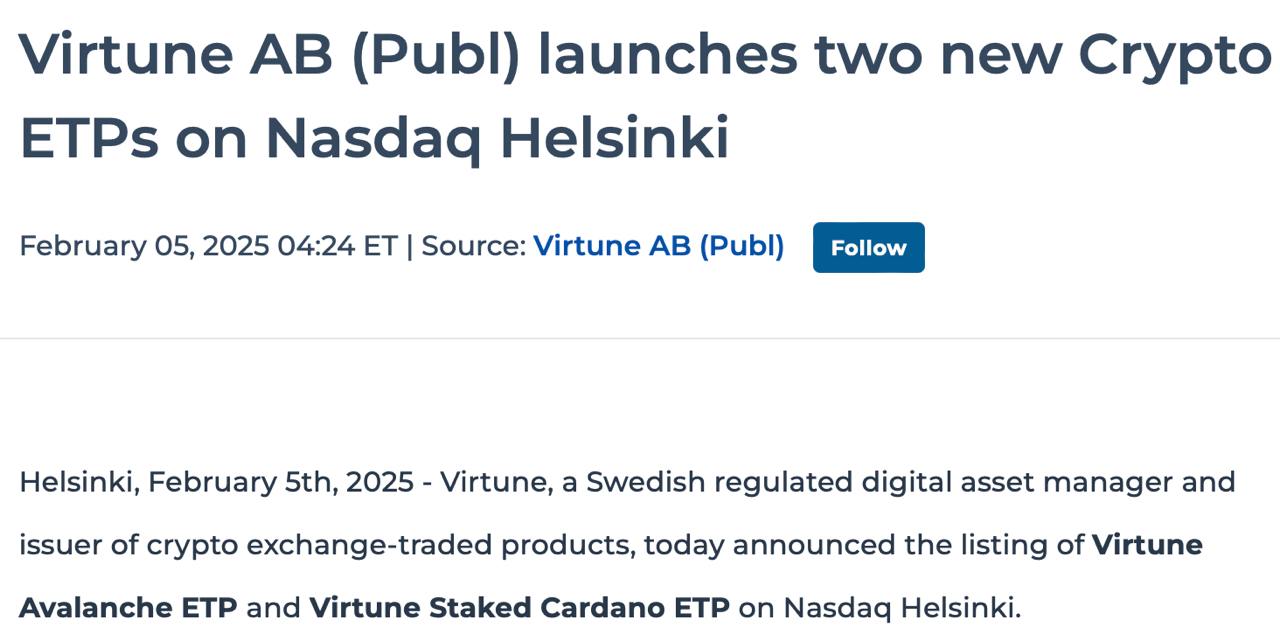 Шведский управляющий цифровыми активами Virtune запустил новые ETP Avalanche и Cardano на Nasdaq Helsinki.   Крипто ТВ