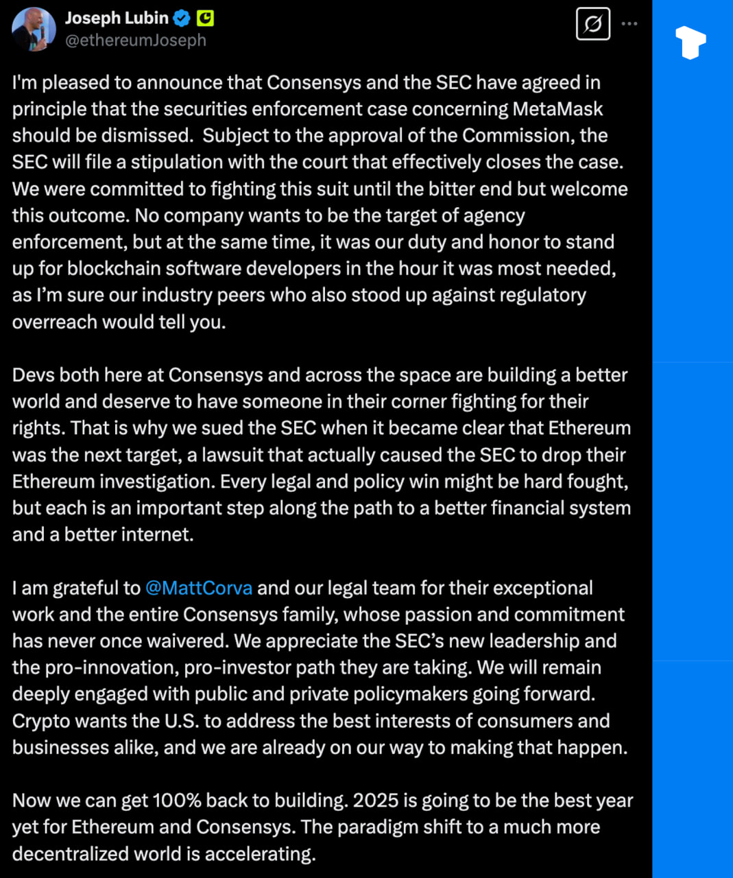 Основатель Consensys заявил, что компания достигла принципиального соглашения с SEC США о прекращении дела о принудительном исполнении обязательств по ценным бумагам, связанного с MetaMask. Телеграм Х Сообщество Источник