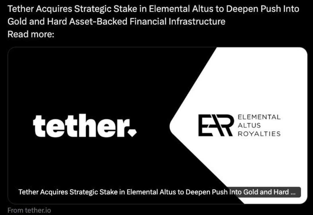 Tether приобретает почти 32% акций компании Elemental Altus Основная деятельность Elemental Altus – приобретение и управление роялти и стриминговых соглашений на добычу драгоценных металлов, прежде всего Золота. КриптоТрейдер 888: КАНАЛ ЧАТ MEXC - биржа с самыми низкими комиссиями на торговлю