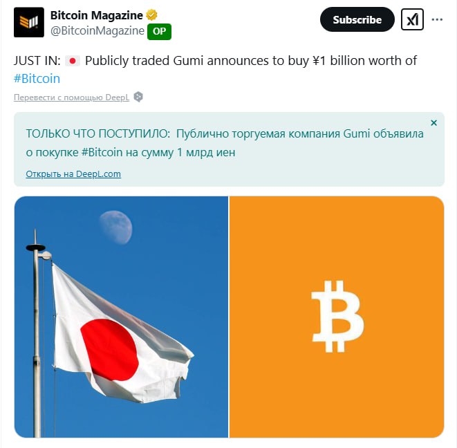 Японская Gumi инвестирует ¥1 млрд в Bitcoin  Публичная компания Gumi Inc., известная мобильными играми, объявила о покупке биткоина на 1 млрд иен  ~$6,58 млн .      Цель — участие в стейкинге через протокол Babylon, что сделает Gumi первой публичной японской компанией, использующей BTC для валидаторских наград.    Акции компании уже выросли на 3,65% после новости.