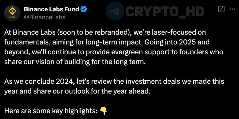 #BNB В 2025 году в Binance Labs проведут ребрендинг – twitter  Binance Labs – инвестиционное подразделение биржи Binance.   Чанпэн Чжао  CZ  вернулся и начнет лично участвовать в отборе проектов.    В 2024 году мы инвестировали в 46 криптопроектов.    Приход к власти администрации Дональда Трампа, вероятно, усилит институциональный интерес к криптовалюте + увеличит инвестиции в криптоиндустрию.    Наш фокус на 2025: блокчейн, AI-технологии, биотехнологии.   Мы ожидаем возрождения секторов GameFi, ZK и решений для обеспечения конфиденциальности ++ существующие нарративы  DeSci, RWA/стейблкоины и AI-агенты  продолжат успешно развиваться в новом году.   Мы расширяем сферу наших инвестиций: теперь это не только первичный рынок, но и OTC, вторичный рынок.  Crypto Headlines