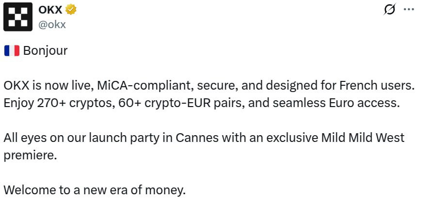 Bybit и OKX заходят в Европу по правилам MiCA  Два топовых криптобиржи — Bybit и OKX — запустили полностью лицензированные платформы в ЕС. Это первые крупные шаги на фоне вступившего в силу регулирования MiCA.    Что происходит:    Bybit.eu получила лицензию CASP в Австрии — теперь работает в 29 странах ЕЭЗ    OKX открыл централизованную платформу во Франции с MiCA-паспортом и хранением средств по новым стандартам    Обе биржи заявили о полном соответствии MiCA — с изоляцией пользовательских активов и локализированной поддержкой    Почему это важно:    MiCA с 2025 года упростил лицензирование — лицензия в одной стране = доступ ко всему ЕАЭ    Европа резко ускоряет гонку за глобальное лидерство: MiCA привлекает инвесторов и проекты быстрее, чем США    Торги в ЕС уже выросли: +70% объёмов за квартал при стабильном числе сделок  данные Paybis   MiCA делает Европу главной ареной для легального крипто-бизнеса. Следим за тем, кто следующий.