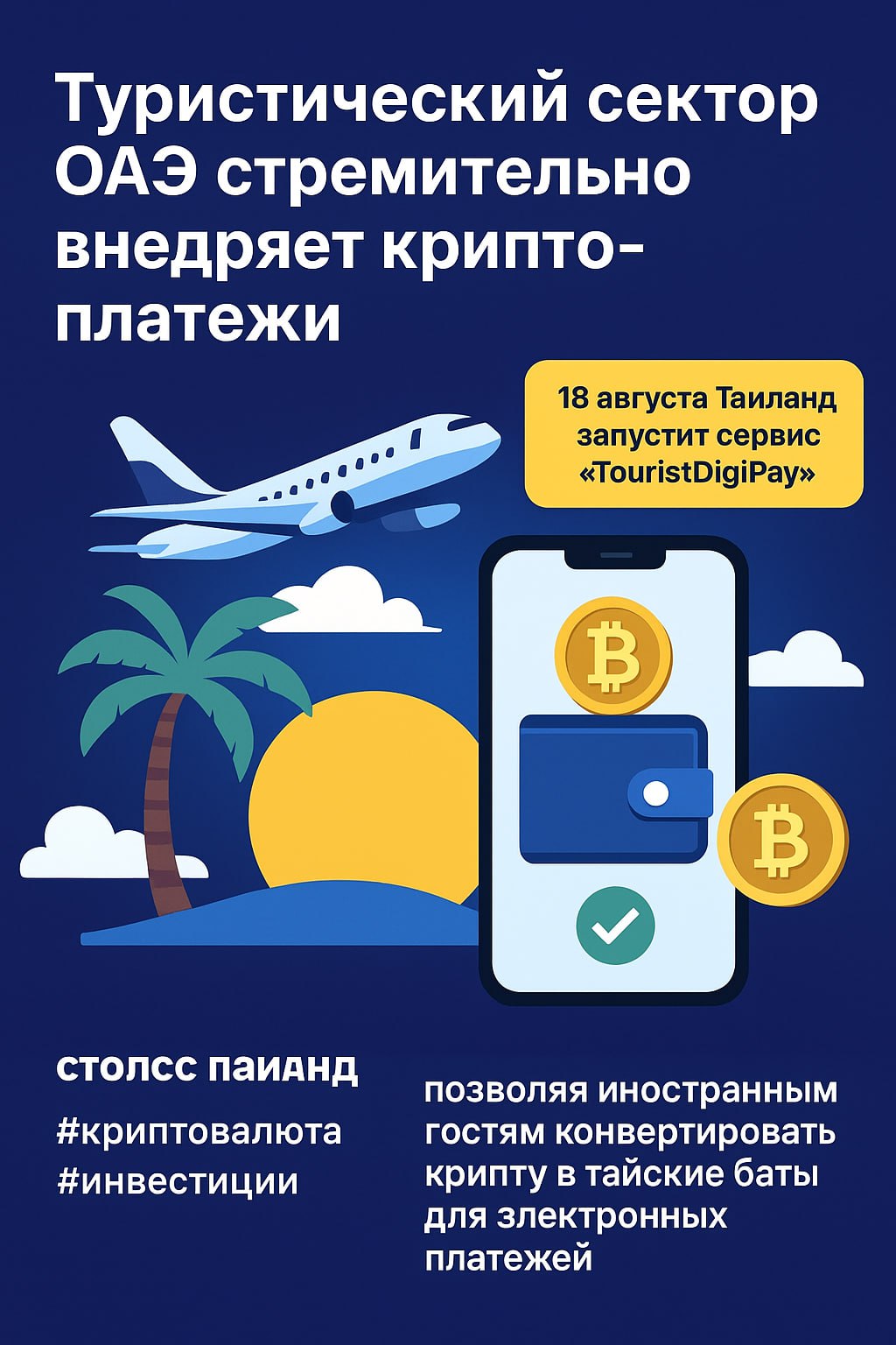 Крипта штурмует туризм! ОАЭ активно внедряют криптоплатежи в туристическом секторе — всё больше авиакомпаний и букингов уже принимают крипту А уже 18 августа Таиланд запускает сервис TouristDigiPay Теперь иностранцы смогут конвертировать крипту в баты и оплачивать товары и услуги через e-pay. Криптовалюта всё глубже входит в повседневную жизнь Следим за трендом! Торгую здесь: Bitunix YouTube: VenusTradingPro VIP кнал: