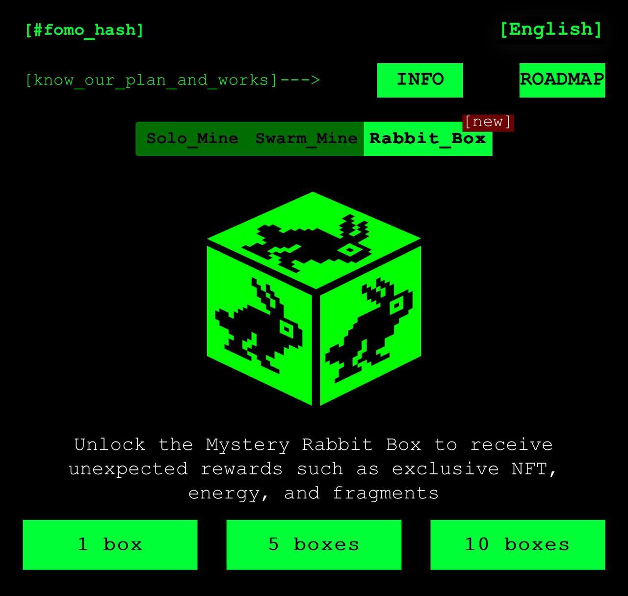 В Fomohash вышли эксклюзивные Rabbit Box!    Открывайте лутбоксы и получайте щедрые награды:  - эксклюзивные NFT - фрагменты - энергию - оффлайн сервера  А также супер награды: 3 новых, редких кролика, которые дают +10% к максимальной энергии, и будущую возможность стейкать sFomo